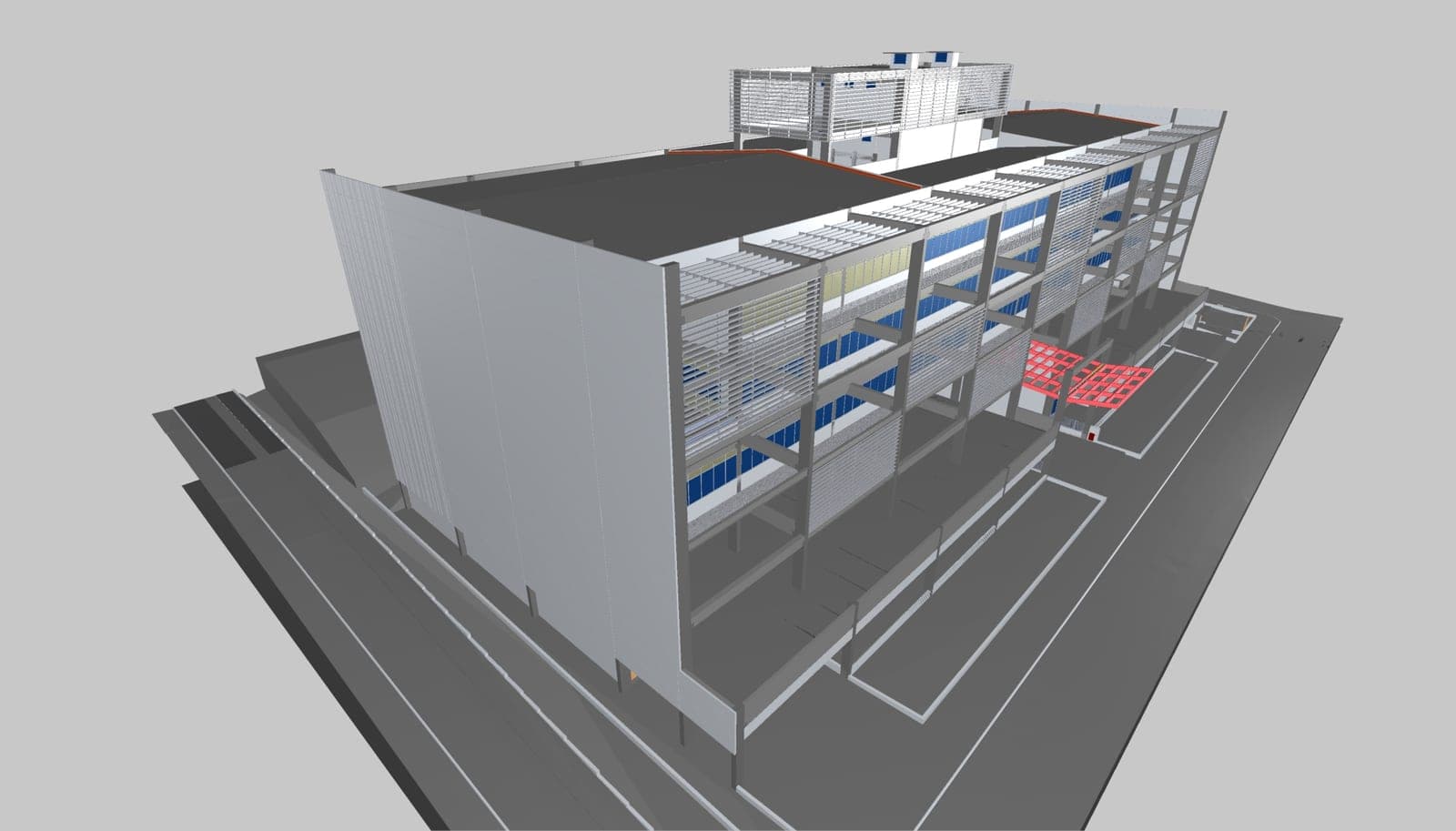 Modelo BIM da arquitetura da edificação pública — estrutura e vedações em corte.